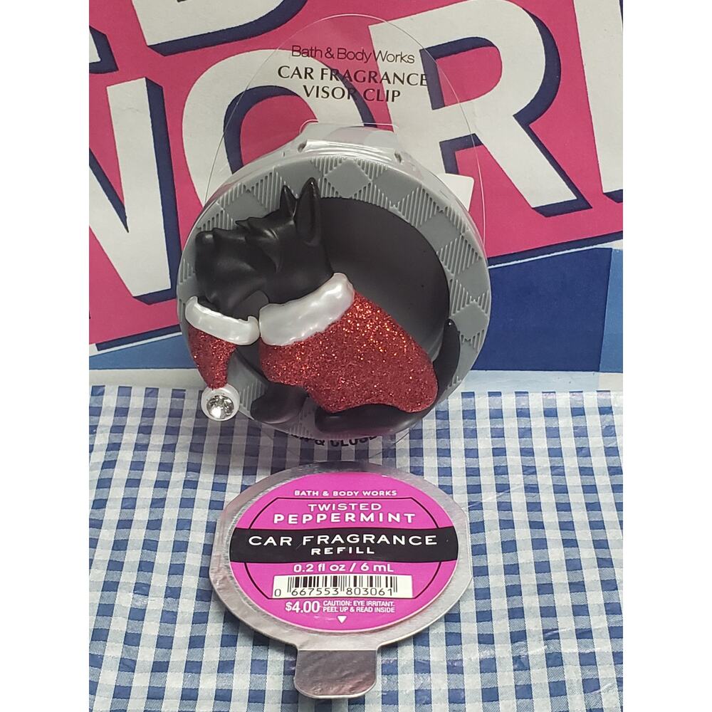 BBW Holidog Scottish Terrier Dog Santa Hat Visor Clip Car Fragrance Holder Refil